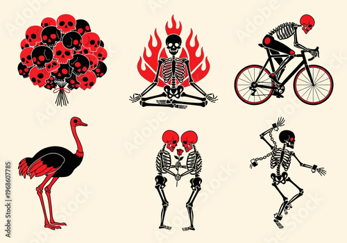 Set of Stylized Skeleton Illustrations in Red and Black, Gothic Tattoo Art Vector Collection with Skulls, Meditating Bones, Biker, and Ostrich