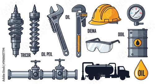 Oil Industry Equipment and Tools - A Detailed Vector Illustration.