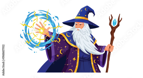 Wise Wizard Casting Magical Lightning Spell with Staff