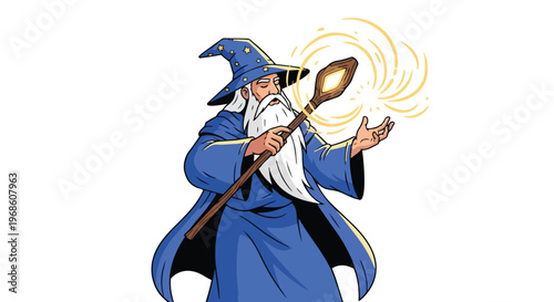 Cartoon Wizard Casting Magic Spell with Glowing Staff