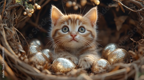Kitten in a nest with ornaments