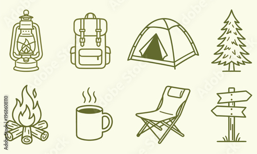 Camping elements set outline sketch vector illustration
