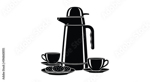 A black silhouette depicts a coffee pot cups saucers and cookies arranged on a surface silhouette high quality professional detailed modern
