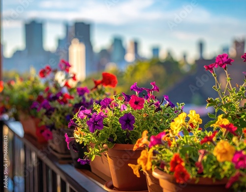 Colorful Flower Pots on Balcony with City Skyline Background.