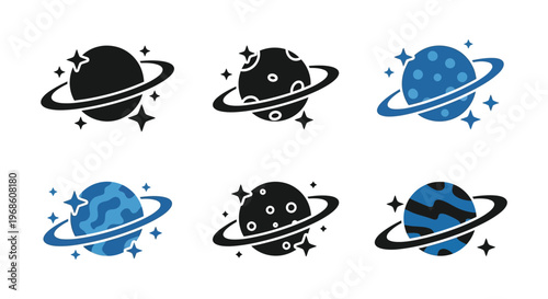 A set of colorful planetary icons with orbital rings and stars presented in a minimalist silhouette high quality professional detailed modern