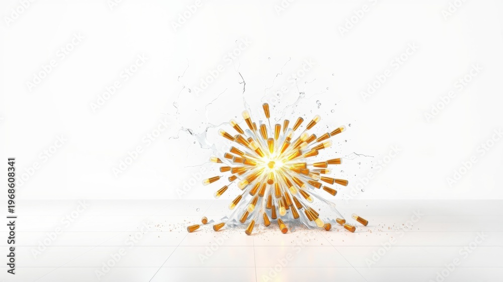 Fototapeta premium Explosion. Golden shards radiate outward. White splashes accompany impact. Minimalist studio setting, bright illumination.