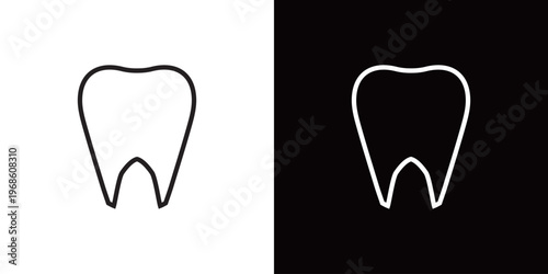 歯のラインアイコン。白い線と黒い線のモノクロベクターイラストセット