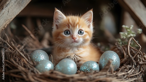 Ginger kitten in a birds nest with eggs
