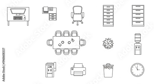 Overhead View of Office Furniture and Equipment Layout.
