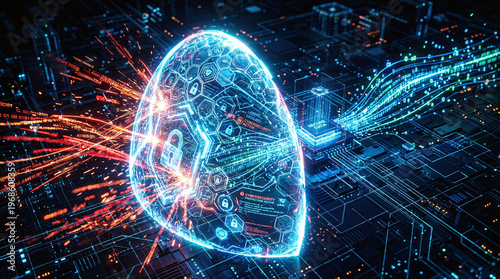 Futuristic Digital Shield Protecting Data Center from Cyber Attack, Cybersecurity Concept with Glowing Lock Icon and Information Streams