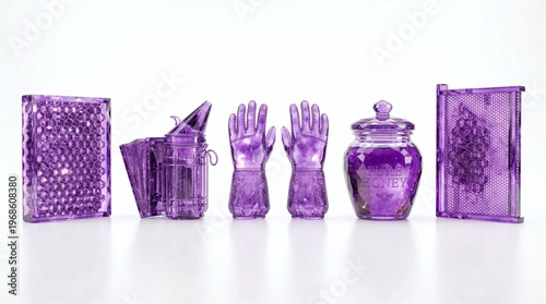 Crystalline Beekeeping Equipment Collection: Luminous Amethyst Glass Honeycomb, Bee Smoker, Jar, and Gloves in Purple Faceted Glassware Art on White Background