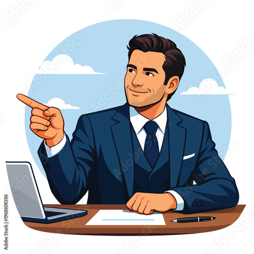 Professional man in suit, gesturing aside, working laptop