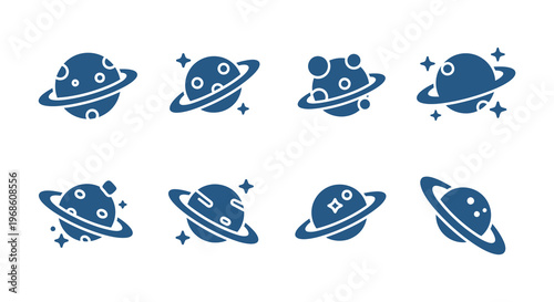 A collection of stylized blue planet and ringed planet icons with sparkling stars presented as a dark silhouette high quality professional