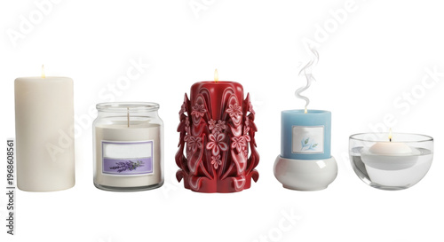 Diverse Collection of Decorative and Scented Candles Isolated: Pillar, Lavender Jar, Hand-Carved Wax, and Floating Candle Set