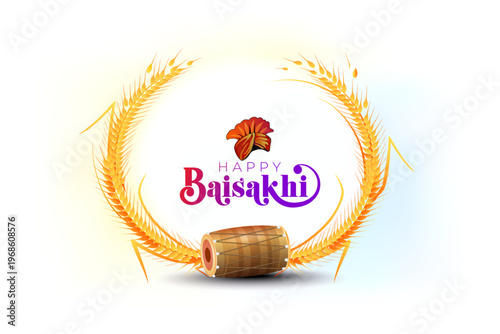 Festival Logo Happy Baisakhi with wheat decor, Punjabi Sikh traditional prop vector illustration for promotion party invite.