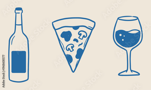 Wine pizza and glass doodle icon set vector illustration