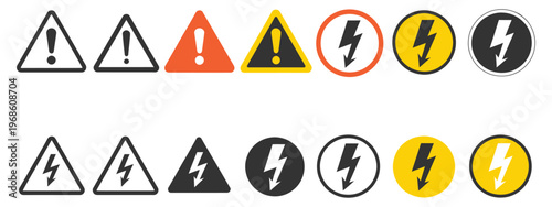 Graphic warning and danger icons set, featuring exclamation mark and lightning bolt symbols, representing safety alerts, hazard warnings, and caution indicators, minimal flat design, vector