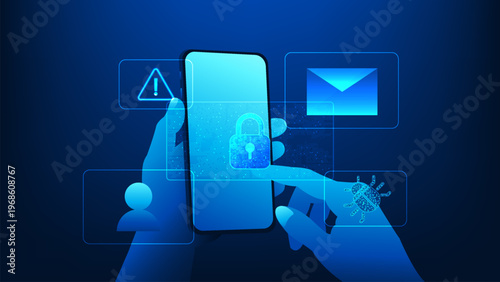 Cybersecurity technology background smartphone protected by network security, representing data protection, anti-phishing, scam prevention, secure communication, and mobile network security systems.