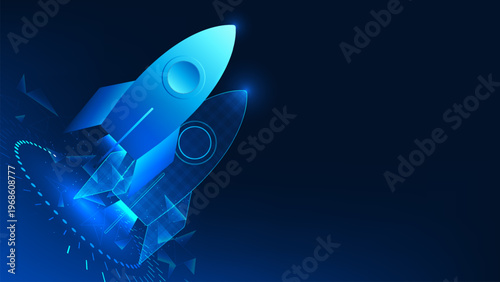 Digital twin technology background simulated rocket launch, representing virtual modeling, real-time data analysis, aerospace innovation, advanced engineering, and high-precision system optimization.