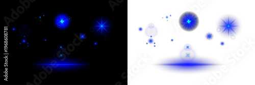 Blue Glow Sparkles Set, Neon Light Effects, Starburst and Lens Flare Elements, Abstract Glow on Dark and White Background