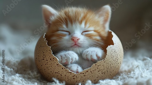 Kitten sleeping in egg