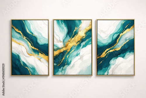 Golden Veins: Abstract artwork of three panels in gold-framed, displaying fluid swirls of emerald and gold, creating an elegant visual experience.