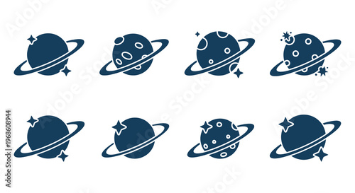 A collection of stylized planets with rings and stars depicted in a dark blue flat silhouette high quality professional detailed modern