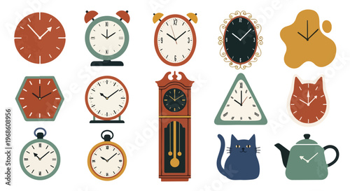 An illustrative set of diverse clocks and timepieces, including wall clocks, alarm clocks, and pocket watches, in a range of unique shapes.