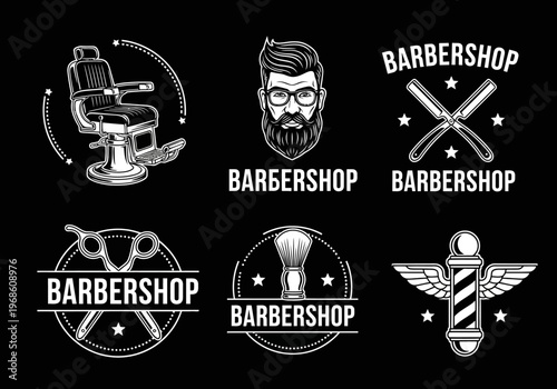 Vintage Barbershop Logo Collection - Set of 6 Retro Men's Grooming Emblems with Bearded Man, Barber Chair, Scissors, Straight Razors, and Barber Pole on Black Background