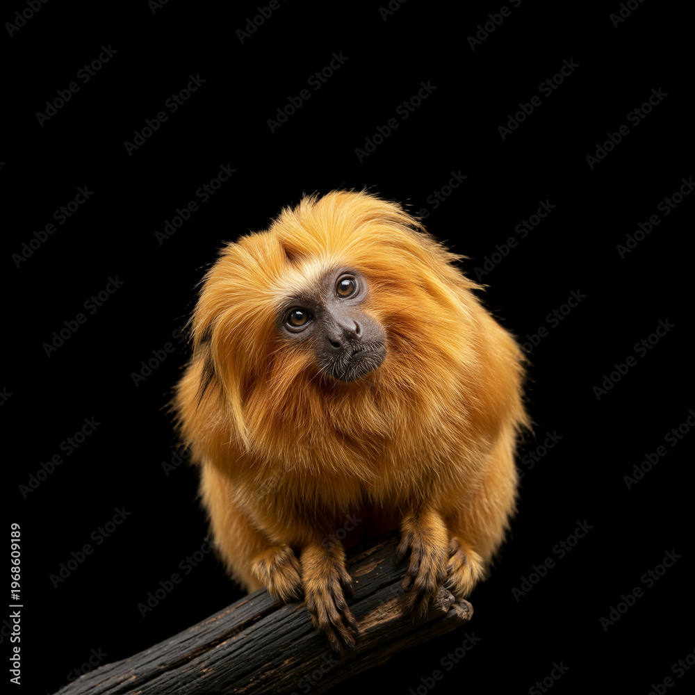 Obraz premium Golden lion tamarin monkey sitting on a wooden branch. Bright orange primate portrait isolated on a black background. Endangered Species Day