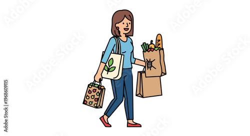 Woman Carrying Multiple Shopping Bags with Groceries and Produce