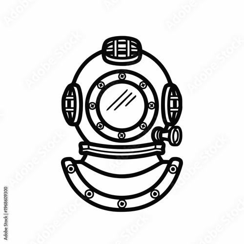 Vintage diving helmet illustration with a circular glass porthole and side valve.