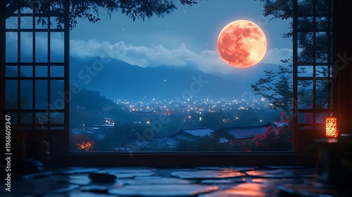 Red moon over valley cityscape from japanese interior