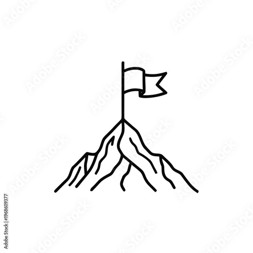Mountain peak with a flag icon represents the summit of a successful business achievement and goal.
