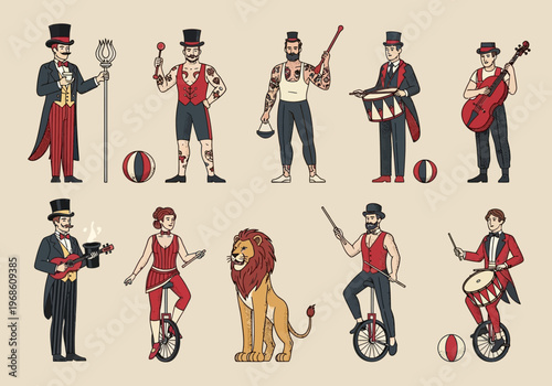 Vintage Circus Character Set with Ringmaster, Strongman, Lion, and Musicians in Retro Illustration Style