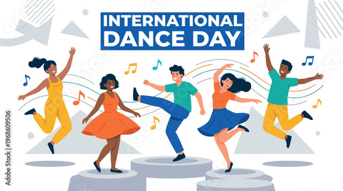 A colorful illustration of five diverse people celebrating International Dance Day