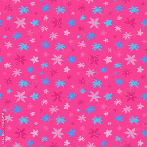 Blue flowers on a pink background. Vector seamless pattern.