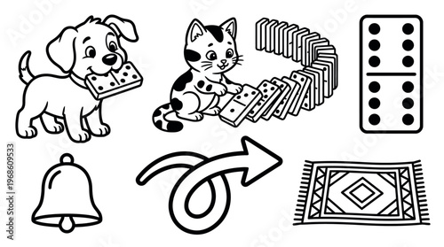Playful illustrations of a puppy and a kitten playing with dominoes, along with a bell, an arrow, and a rug. The images evoke a sense of fun and creativity. 