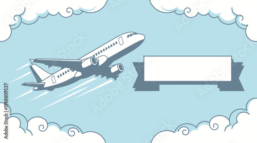 Airplane soaring through the clouds, leaving a ribbon banner. The scene conveys travel and adventure 