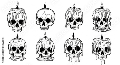 Urban Graffiti Skull Candle Set Vector Illustration Sheet in Black Ink Grunge Punk Street Art Style