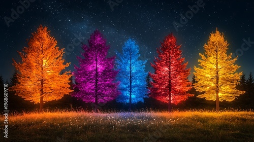 Colorful illuminated trees at night