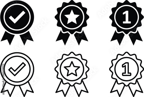 A set of six vector line art ribbons and badges in black and white for award or achievement concepts in design