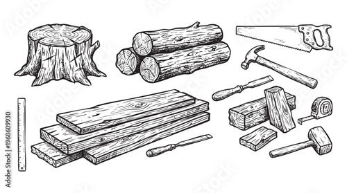 Collection of woodworking tools and including a saw, hammer, ink engraving line black png