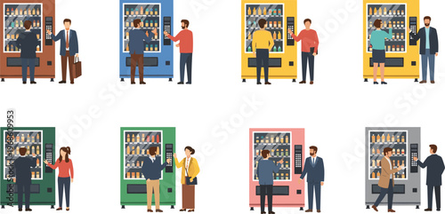People using vending machines purchasing drinks and snacks in public spaces, showcasing consumer behavior and modern retail convenience illustration