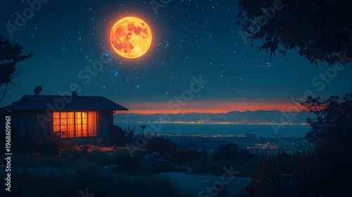 Nighttime landscape with house and moon