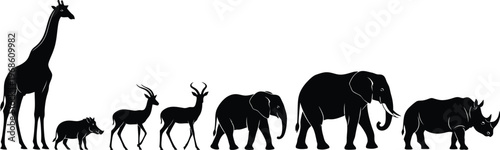 Wild Animal Silhouette Set Vector Collection Including Giraffe Elephant Rhino Antelope and Warthog