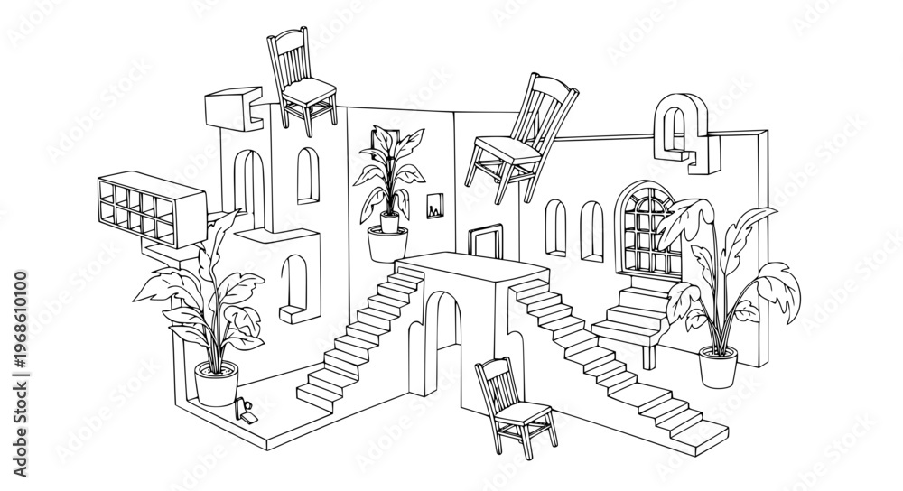 Fototapeta premium Fantasy House Interiors Vector with Surreal Floating Furniture and Whimsical Architecture