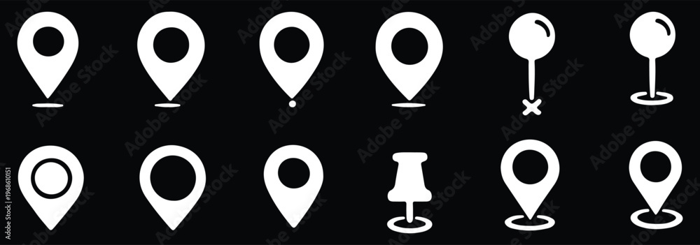 Fototapeta premium Map pin, location icon, map marker, pushpin, flag, marker, and other icons