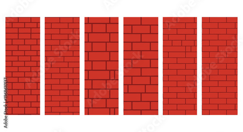 A series of six vertical brick wall patterns ranging in color and completeness presented as a bold silhouette high quality professional