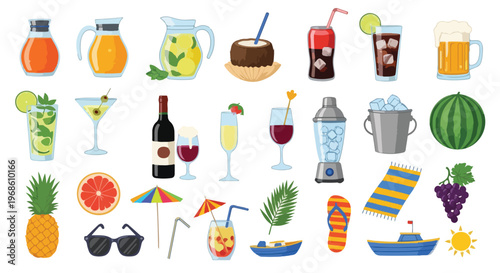 A vibrant collection of refreshing summer drinks, tropical fruits, and beach vacation accessories.